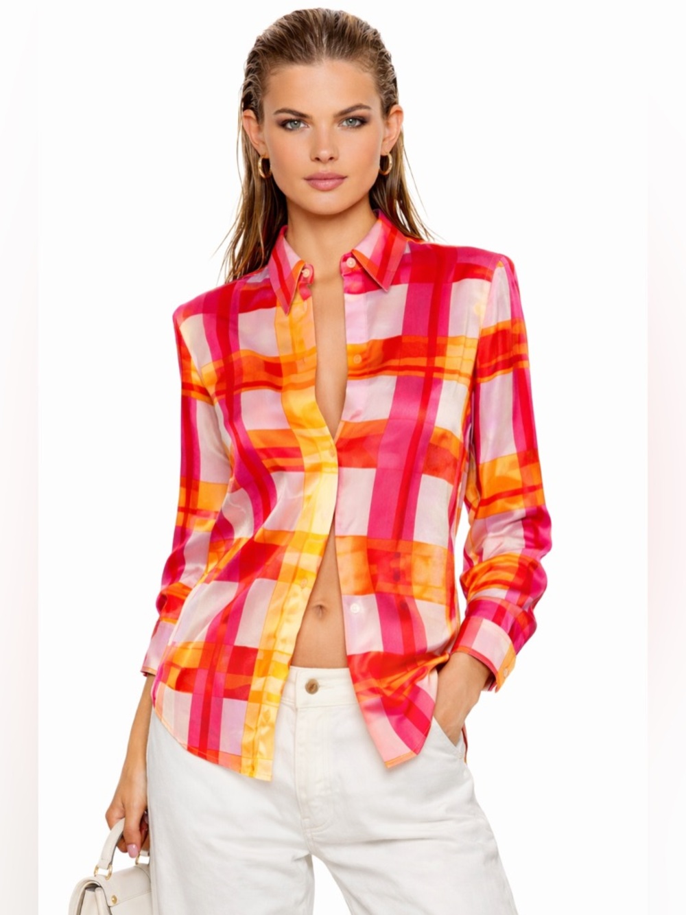 Vintage 100% Silk Plaid Blouse | Pink Orange Sheer | Shoulder Pads | EU Chic